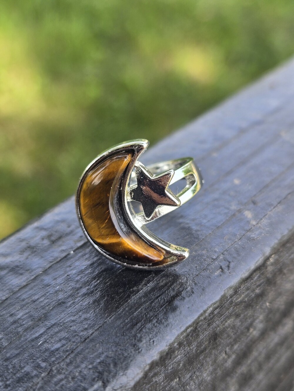 Tiger Eye Crescent Moon Ring Adjustable